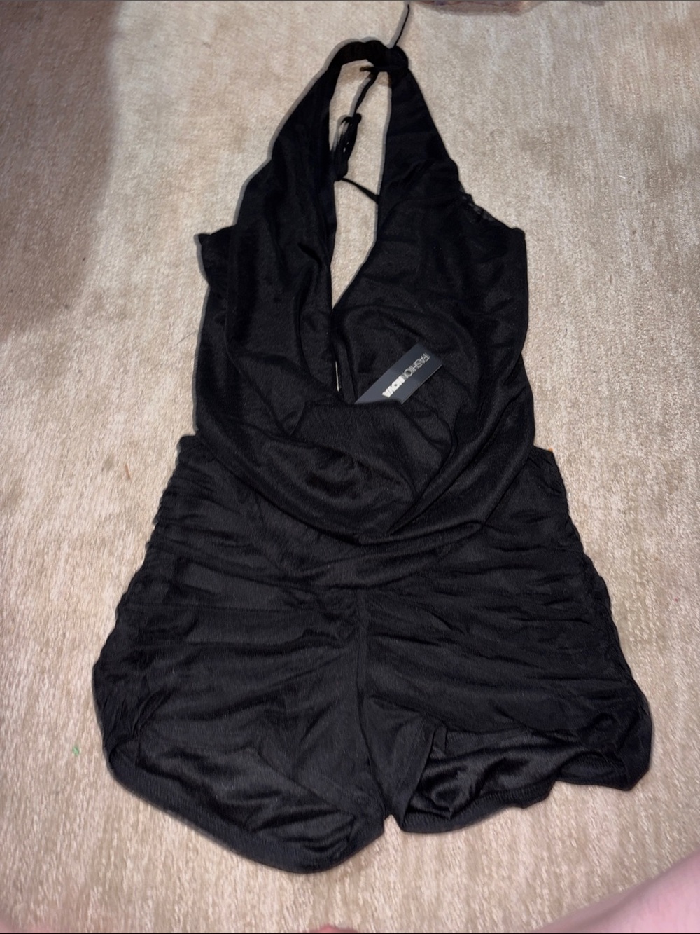 Fashion Nova Black Halter Ruched Romper